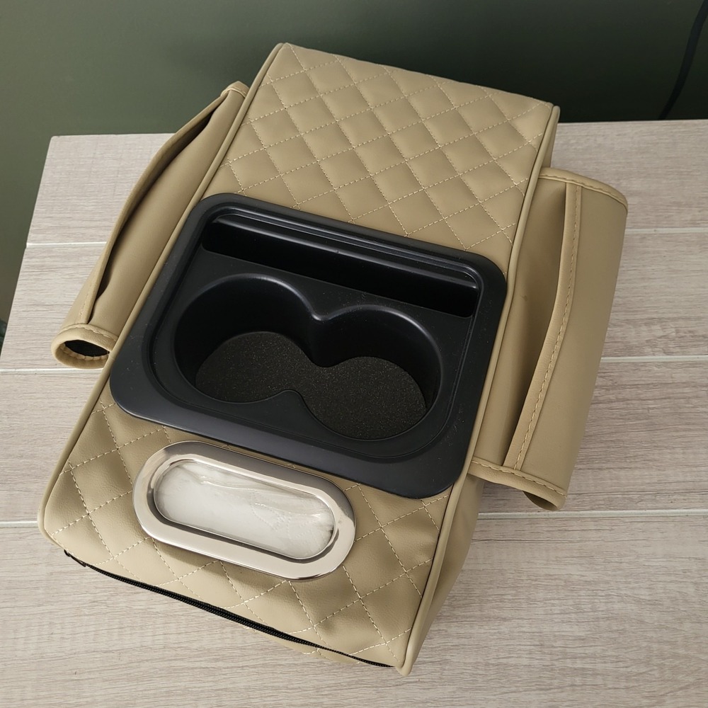 Quilted Car Cup Tissue Holder Side Pockets Armrest Organizer Removable Beige